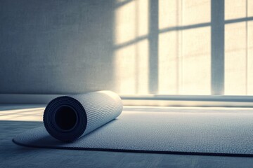 A serene scene featuring a rolled yoga mat basking in soft light from a nearby window, creating a calming, zen-like atmosphere.