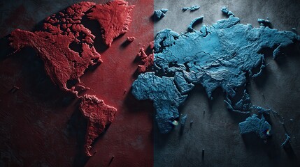 Colorful abstract representation of the world map in blue and red highlights showcasing global divisions