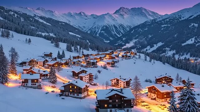 Cozy mountain village nestled in snowy peaks