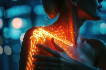 A woman gently rubbing her glowing shoulder, JPEG format, representing muscle care, self-soothing, or body positivity themes.