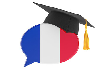 Speech bubble with French flag and graduation cap, symbolizing studying or learning French language, concept. 3D rendering