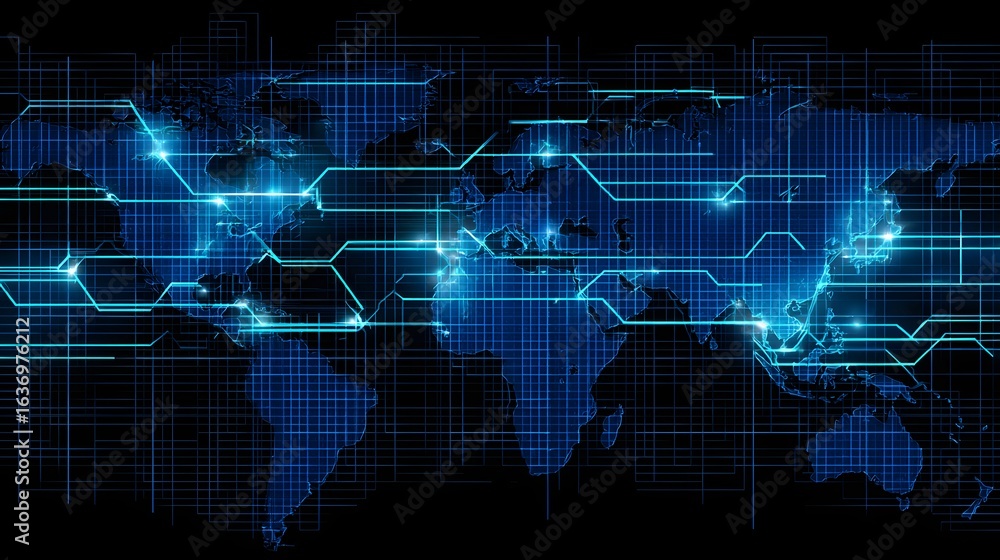 Poster global network map with glowing connections.