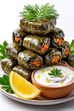 Deliciosos dolmas de hojas de parra servidos con salsa de yogur y lim&oacute;n en un plato atractivo