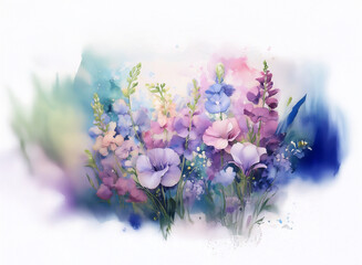 A watercolor painting of a bouquet of pastel flowers, predominantly purples and pinks, set against a soft, abstract background of blue and green watercolor washes.