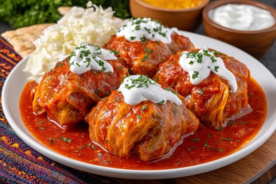 Rollos de repollo rellenos en salsa de tomate con crema agria y guarnici&oacute;n de repollo fresco y pan