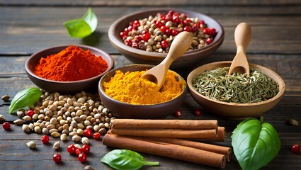 Various spices and herbs arranged on a wooden surface.