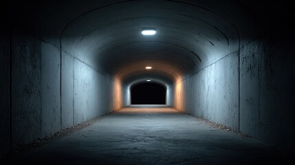 Fototapeta premium Illuminated tunnel perspective with vanishing point and concrete walls