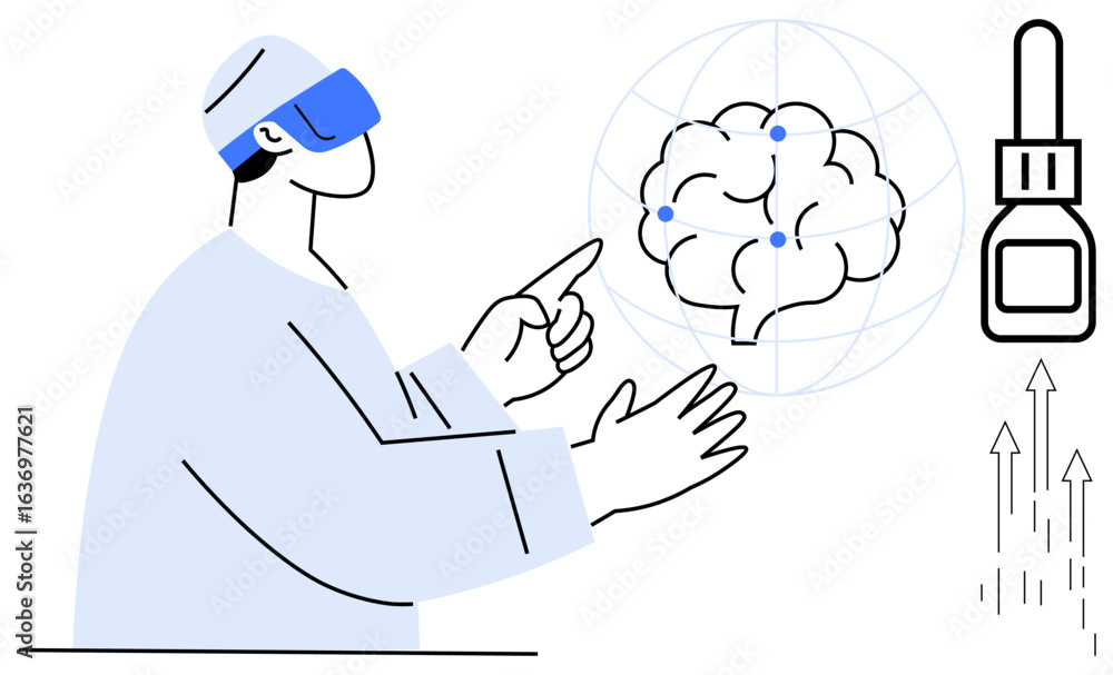 Poster person wearing virtual reality headset points at a digital brain display with data nodes. ideal for 