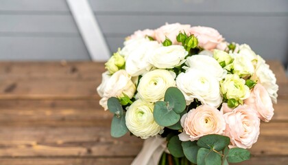Elegant floral bouquet of pastel roses and ranunculus