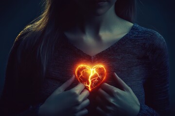 A woman holding her chest with glowing veins radiating from her hands,  suggesting heart health or emotional healing themes.