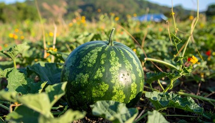 Green watermelon in a field of flowers and leaves