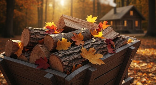 Logs & leaves in wagon before cabin, autumn backdrop with sun - Powered by Adobe