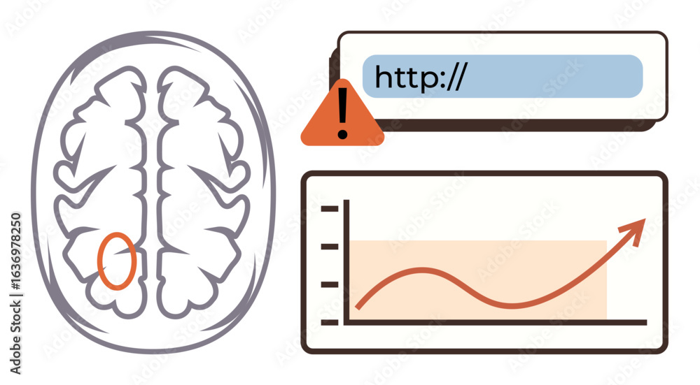 Poster brain mri scan with marked area, warning triangle on url bar, and graph with upward trend arrow. ide