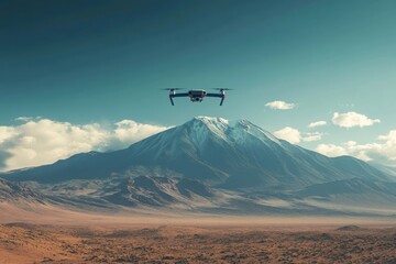 A drone flying over a vast, arid landscape with a snow-capped mountain rising in the background under a clear sky.