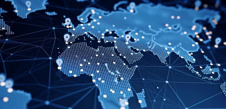 A blue digital map of the world with white pins on various cities, representing global network and connectivity Generative AI - Powered by Adobe