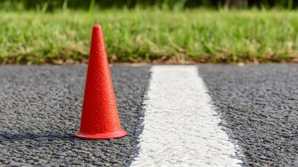 Single Red Traffic Cone on Asphalt Road Line
