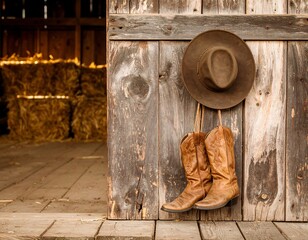 Rustic cowboy hat and boots on barn wall