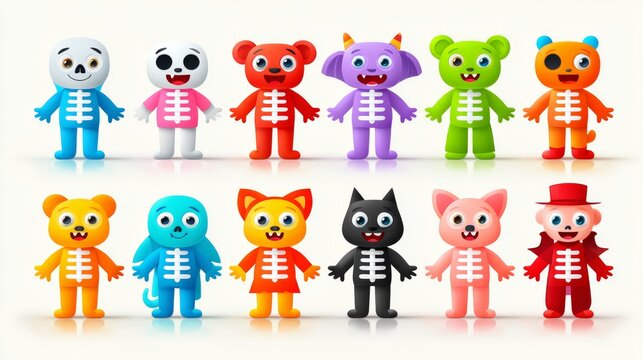 Elementos kawaii de Halloween con esqueletos en colores vivos listos para celebrar la festividad