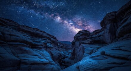Night view of canyon, with stars, Milky Way, meteor showers overhead