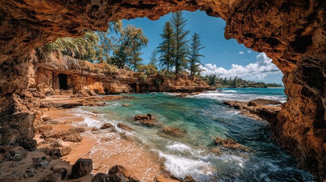 Ocean view through cave opening, waves break on shore and rocks in sunlight - Powered by Adobe