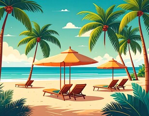 Tropical beach scene with palm trees, umbrellas, and lounge chairs