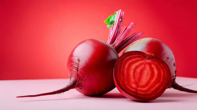 Bright beetroot, whole and cut in half. The footage is perfect for culinary, farming or vegetarian content. Juicy beetroot on a red background. Video for advertising healthy food, salads or juices.