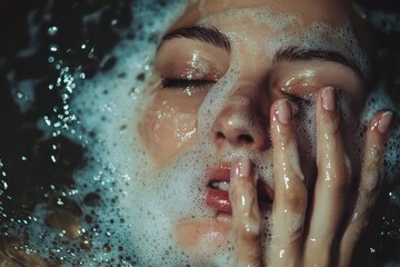A woman washing her face with foam cleanser, her hands detailed in motion,  ideal for beauty and self-care themes.