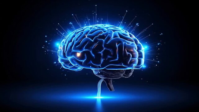 A luminous, glowing brain illustration, rendered in blue light, emitting energy streaks against a dark background