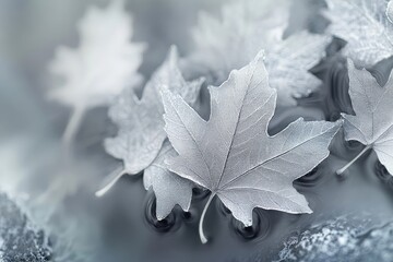 Frosted maple leaves rest on water's surface, a delicate scene rendered in soft, cool tones, portraying nature's quiet beauty.