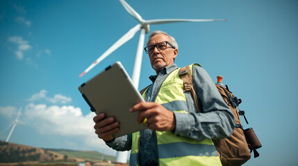 Low angle view of senior environmentalist with tablet standing near wind turbine.