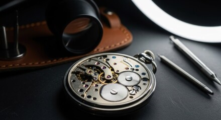 Pocket watch mechanism revealed with tools against dark backdrop