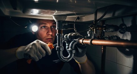 Plumber repairs sink pipes, lit by headlamp, focused on the task