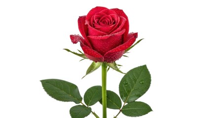 Red rose, on stem, facing forward, with water droplets and green leaves