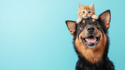 happy mixed breed dog posing with a kitten on his head