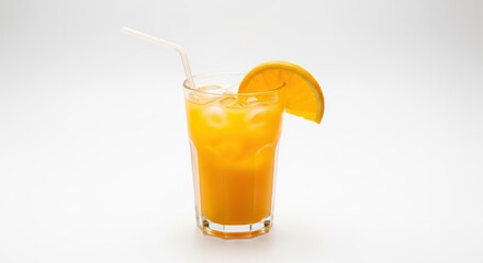 Refreshing orange juice in glass with ice and straw, slice garnish