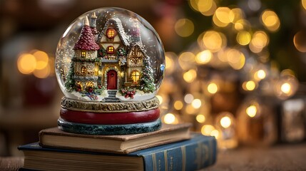 Ornate christmas snow globe on stack of books.