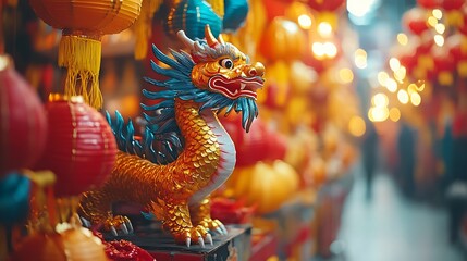 Colorful dragon sculpture surrounded by red and yellow lanterns. Festive decorations representing strength and prosperity. Cultural display for Lui-Ngai-Ni Festival
