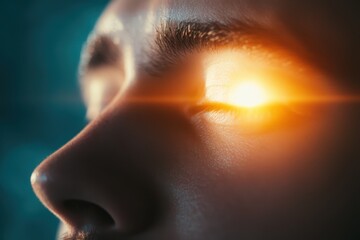 Close up of a man's glowing forehead with light focused on it,  for concepts like migraine relief or mental wellness.
