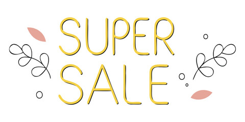 Super Sale banner with yellow text and decorative leaf elements