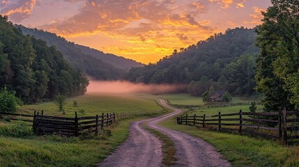 Obraz premium Rural road through valley at sunrise with mist and wooden fences