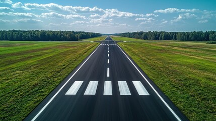 Runway stretches toward trees under blue sky with white stripes, grass, and forest