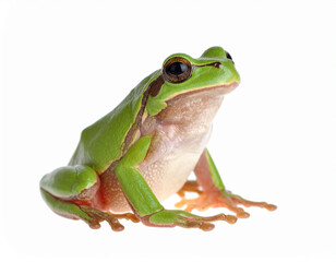 Obraz premium European Tree Frog Portrait: Green Amphibian with Golden Eyes on White Background
