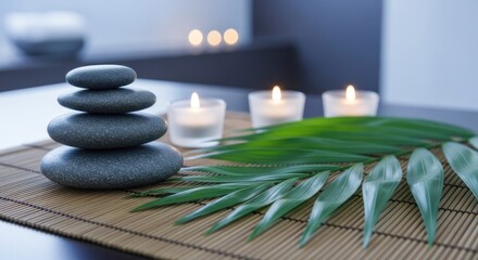 Obraz premium Serene spa setup stacked stones, candles, leaf on bamboo mat