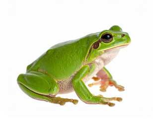 Naklejka premium Vivid Green Frog Isolated on White Background, Detailed Macro Shot