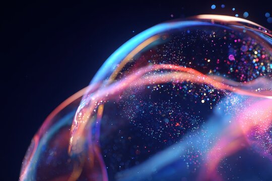 Abstract Iridescent Bubble with Glowing Particles and Fluid Motion