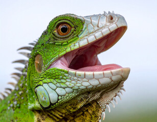 Fototapeta premium Close-up of a Green Iguana's Head with Open Mouth