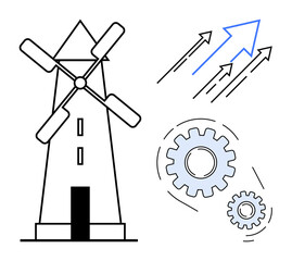 Windmill structure alongside rotating gears and arrows pointing upward. Ideal for sustainability, progress, innovation, energy efficiency, productivity, renewable energy, and growth concepts. A
