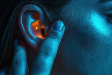 Close up of a woman's glowing ear with her fingers gently tracing its outline,  for calm, sound therapy, or wellness visuals.