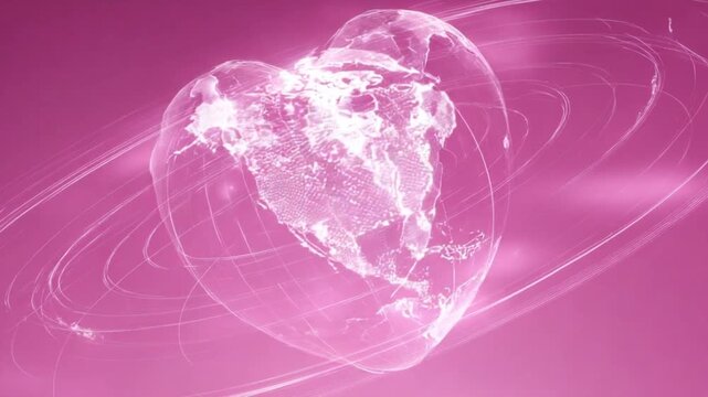 A glowing, heart-shaped Earth encircled by pink, swirling light trails against a solid pink background.  The Earth is rendered in a pointillist style, creating a soft, ethereal effect