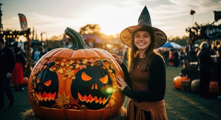 Smiling woman with Halloween pumpkin in festive outdoor market